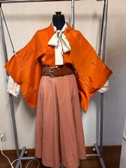 レディース　着物　和洋折衷コーデ　和洋ミックスコーデ　カジュアル着物　オレンジコーデ　かわいい　羽織　4点セット