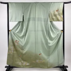 付下げ 身丈159.5cm 裄丈65cm M 袷 草花 雲文 刺繍 金銀彩 灰緑 正絹 秀品 【中古】