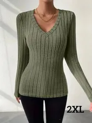 【新品】大きめ・レディース リブVネック長袖Tシャツ