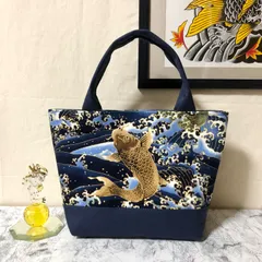★セール品(現品限り) 和柄ミニトートバッグ 鯉 ネイビー 内ポケット付き ハンドメイド メンズ レディース ストリート ハンドバッグ