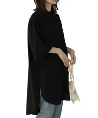 [グリーンパキラ] シャツワンピース チュニック レディース 春 秋 トップス ブラウス 長袖 スタンドカラーシャツ パフスリーブ 丸首 チュニックワンピース 前開き レディーストップス 可愛い服 オフィスカジュアル 春服 秋服 [ブラック] [L] [標準]