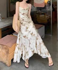 蝶柄キャミワンピース アシンメトリー夏服