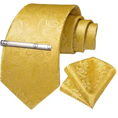 [DiBanGu] ネクタイ イエロー ペイズリー ゴールド ハンカチ タイピン セット 洗濯可 二次会 パーティー