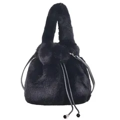 [ハルジオ] ファーバッグ レディース ショルダー モコモコバッグ もこもこ バッグ ふわふわ ショルダーバッグ ファー 巾着 巾着バッグ ニットバッグ ボア ブラック ホワイト グレー 韓国 おしゃれ 可愛い かわいい トレンド (ブラック) [ブラック]