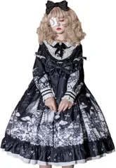 Lady Lazy レディレイジー ゴスロリ 長袖 ドレス ワンピース スカート ひざ丈 黒 ドール お城柄(ブラック,  L)