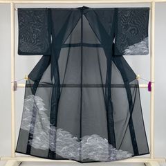 C 夏物 美品 風景 花々 金銀彩 紫色 絽 紗 薄物 訪問着 着物 K150