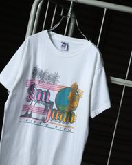 1990s USA made San Juan print white Tee 90年代 USA製 シングルステッチ クルーネック 半袖 Tシャツ 白 ホワイト L