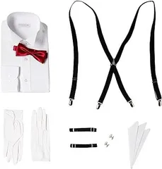 タ[ドレスコード101] 新郎 結婚式 7点セット 結婚式セット シャツ 蝶ネクタイ カフス サスペンダー アームバンド チーフ 白手袋 メンズ 　S