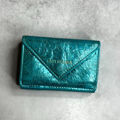 BALENCIAGA バレンシアガ / メタリックペーパーミニウォレット 三つ折り財布 ミニ財布 クラッシュレザー ターコイズ エブリデイ 391446