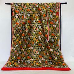 色打掛 正絹 鶴 刺繍 黒 緑  打掛 Mサイズ 裄65 花嫁衣裳 婚礼 リサイクル 中古 ブライダル ウエディング 着物 4032
