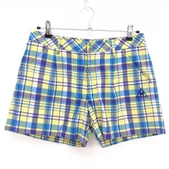 ★SALE価格★【美品】ルコック ショートパンツ ブルー×イエロー チェック ロゴ刺しゅう ストレッチ レディース 13 ゴルフウェア le coq sportif