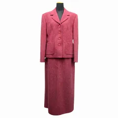 ローラアシュレイ LAURA ASHLEY 2点 セットアップ 上下 ジャケット ロング スカート テーラード ヘリンボーン柄 ウール ニット スーツ 13 赤系 赤茶 ボルドー レディース