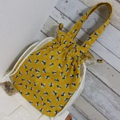 ハンドメイドのラウンド巾着バック‼️パンダ柄✕帆布✕茶ドット生地！