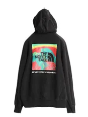 【お得なクーポン配布中!】 ノースフェイス 両面 プリント スウェット フード パーカー メンズ S 黒 古着 アウトドア トレーナー プルオーバー ブラック グラフィック