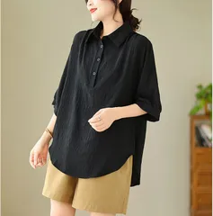 五分袖 シャツ  レディース 夏 綿 5分袖 コットン 無地 通勤 OL オフィス ビジネス ナチュラル 着痩せ ゆったり 体型カバー カジュアル きれいめ 可愛い 大人 ベーシック シンプル kaiwen01
