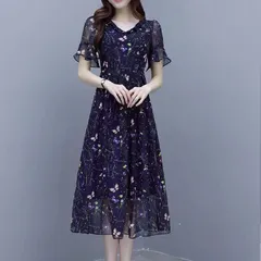 ワンピース レディース 花柄 マキシ丈 シフォン Vネック リボン フレア 半袖 タック ハイウェスト 大人 可愛い 着痩せ 体型カバー ふんわり オシャレ 通勤 デート お出掛け 旅行 リゾート xzjhbaz#