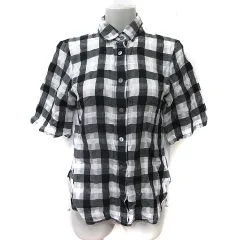 ケーティー キヨコ タカセ  K.T KIYOKO TAKASE シャツ ブラウス チェック 半袖 切替 シフォン シアー 麻 リネン 9 M 黒 ブラック 白 ホワイト /YI