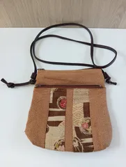 【中古品】 和柄 パッチワーク ポシェット ショルダーバッグ 茶ブラウン 斜め掛け かばんバッグ 民芸品 現状品