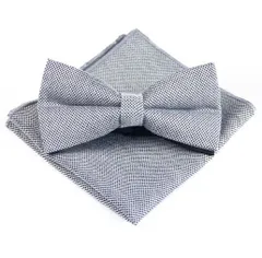 蝶ネクタイ　ポケットチーフ　　2点セット　格子柄　結婚式　パーティー　イベント　卒業式　入学式　入社式　ダンスパーティー　バーテンダー　ブラック色　ホワイト色　シルバー色　グレー色　ワンタッチ　スー