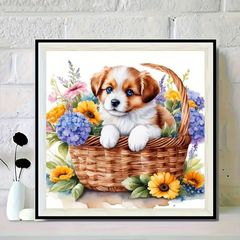 ラウンドダイヤモンド 5D DIY ペインティングキット フルドリル キュートな子犬の花かご 動物刺繍アート、アクリルクラフト ホームデコ　ダイヤモンドアート