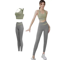 [FLYSHION] ヨガウェア レディース 上下セット ハイウエスト 美脚レギンス スポーツブラ グリーン2枚組(スポーツブラ+ヨガパンツ) size：L