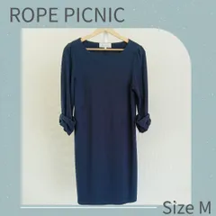 【春ワンピース】ロペピクニック　ROPE PICNIC　ひざ丈ワンピース　七分そで　紺　ネイビー　入園式 卒園式　入学式　卒業式　ママワンピース　結婚式  七五三 お食い初め　冠婚葬祭　セレモニー　フォーマルワンピース　オフィス　レディースフォーマル　Mサイズ