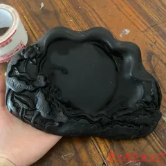 紫檀の硯箱 と蓮の花と魚の彫刻付き硯