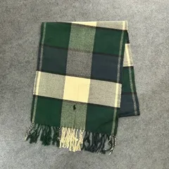 O1 フランス製 Polo Ralph Lauren ポロラルフローレン マフラー ストール フリンジ ワンポイント刺繍 チェック柄 グリーン 緑 小物 男女兼用 コットン