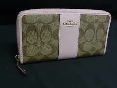 ■美品■ COACH コーチ 54630 シグネチャー PVC×レザー ラウンドファスナー 長財布 ウォレット 札入れ ブラウン系×ピンク系 DH8666