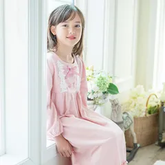 【ピンク】長袖フラワーレース＆クロスリボンネグリジェ TAK キッズ キャサリンコテージ