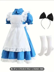 4点セット アリスドレス　パフスリーブメイドコスチューム ホワイトエプロン＆ヘッドバンド付き ミドルカーフソックス ワールドブックデー 女の子用ワンダーランドプリンセスコメイドエプロンワンピースコスプレ衣装 ハロウィンファッション