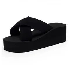 [G-tiamo] [ジーティアモ] 厚底 サンダル レディース クロス ミュール ソール 美脚 ヒール オフィス 黒 ビーチ シンプル 軽 さんだる かわいい ウェッジ 靴 シューズ 軽量 コンフォート サボ オープントゥ  [ブラック] [23.5 cm]