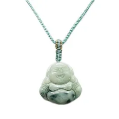 綺麗柄入りひすい本翡翠天然石布袋様彫りレア色紐ネックレス御守り開運