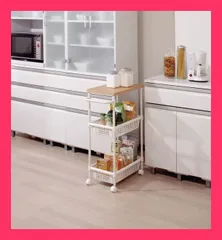 【アイリスオーヤマ　収納・家具　キッチン収納】　ウッドトップメタルポールワゴン