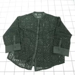 ◇ ⊂ JUNOAH ジュノア ノーカラー オーバーサイズ 長袖 レース シャツ サイズXL ブラック系 レディース E  【1507230011534】