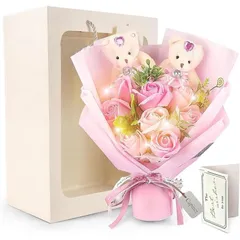 笑顔輝く 花束 ソープフラワー LED 誕生日 プレゼント 結婚祝い 女性 くま 薔薇 造花 メッセージカード( ピンク)