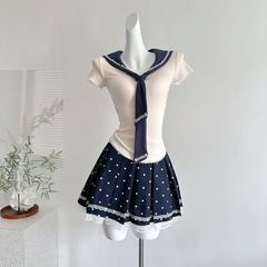 ニッチデザイン ネイビー ネックトップス＆ショートスカート レディース 夏 おしゃれ シック 上品 大人可愛い 綿100% 吸汗速乾 ゆったり セットアップ フォーマル カジュアル ワンピース風 体型