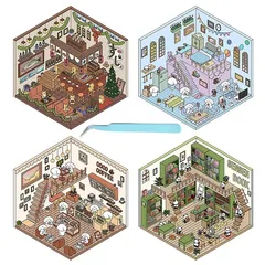 3D ハウスステッカー 4点セット DIY 3D コラージュ素材 シーンシール 造景シール コラージュ 紙ミニチュア模型 紙ドールハウス 紙素材 ピンセット付き 日記帳 立体 韓国系 ニッチ 可愛い 趣味 手帳素材パック 1