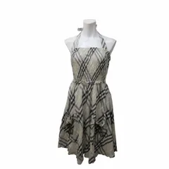 バーバリーブラックレーベル BURBERRY BLACK LABEL ワンピース ホルターネック ギャザー フレア リボン チェック柄 グレー系 38 約M相当 0520 のサムネイル