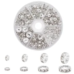 【特価商品】ロンデル 4/6/8/10mm 平型ロンデル 真鍮 ラインストーン付き 約160個/箱 スペーサービーズ メタル ビーズ PandaHall アクセサリーパーツ ジュエリー 手芸用品 クラフト用品 PH 手作り素材 材料 シルバー