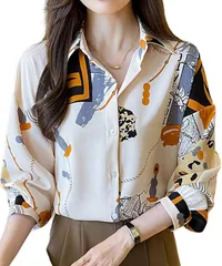 Dep Club 肌触り良好 柄シャツ レディース 長袖 着心地が良い エレガント ブラウス おしゃれ ストライプ 韓国 襟付き トップス きれいめ かっこいい 派手な服(ベージュ,  XL)