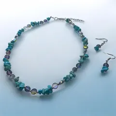 爽やかターコイズブルー♡天然石ネックレス＆ピアスセット／インド手作りアクセ