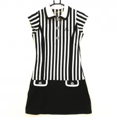 【美品】ルコック 半袖ポロワンピース 白×黒 ストライプ ロゴ刺しゅう インナーパンツ付き レディース M ゴルフウェア le coq sportif