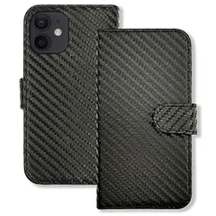 【訳アリ】iPhone12 mini アイフォン12ミニ 対応 手帳型 無地 カーボン ブラック ケース ダイアリータイプ 横開き カード収納 フリップ カバー