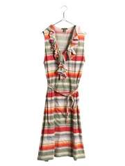 【お得なクーポン配布中!】 00s ラルフローレン フリル付き ネイティブ ボーダー ミモレ丈 ワンピース レディース XL / ポロ オールド コットン Vネック 大きいサイズ