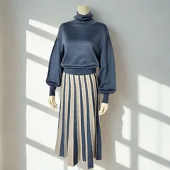 クリア clear　アクリルニット タートルネック ドッキングフレア ロングニットワンピース　ブルー/アイボリー ストライプ　レディース