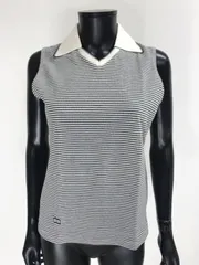 【USED】adidas アディダス 綿 襟付き Vネック ノースリーブ ベスト ボーダー ブラック 黒 ホワイト 白 レディース M ゴルフウェア