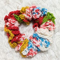 ♡ハンドメイド♡ヘアゴム シュシュ ヘアアクセサリー マーブル毛糸 毛糸 ボリューム 大きい 可愛い １点物 プレゼント イエロー ブルー レッド マルチカラー