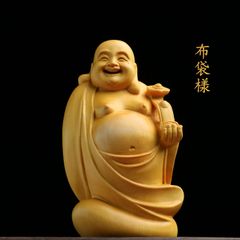 【修縁堂】極上彫 木彫仏像 七福神 布袋様 彫刻 仏教工芸 柘植材 財運