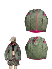 adidas(アディダス) ネオン チャコールグレー ピンク フード ウインドブレーカー ジャケット L